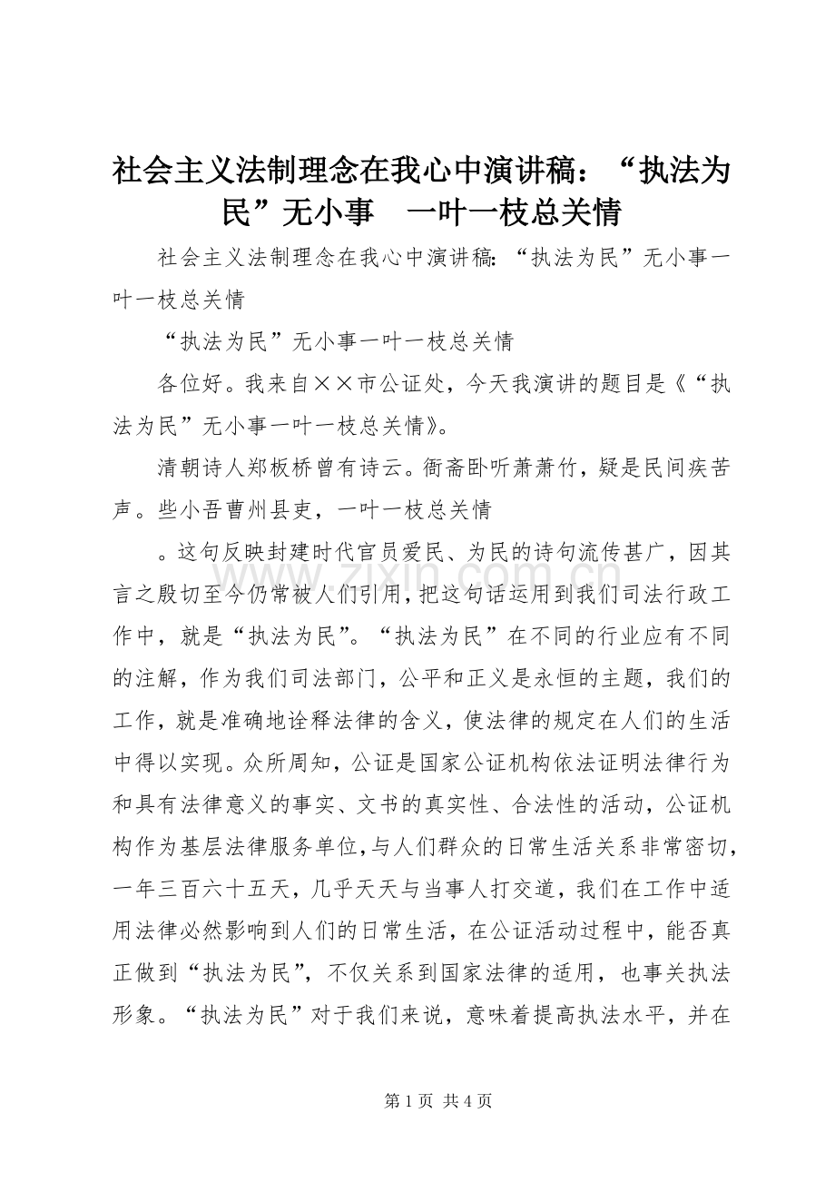 社会主义法制理念在我心中演讲致辞：“执法为民”无小事　一叶一枝总关情.docx_第1页