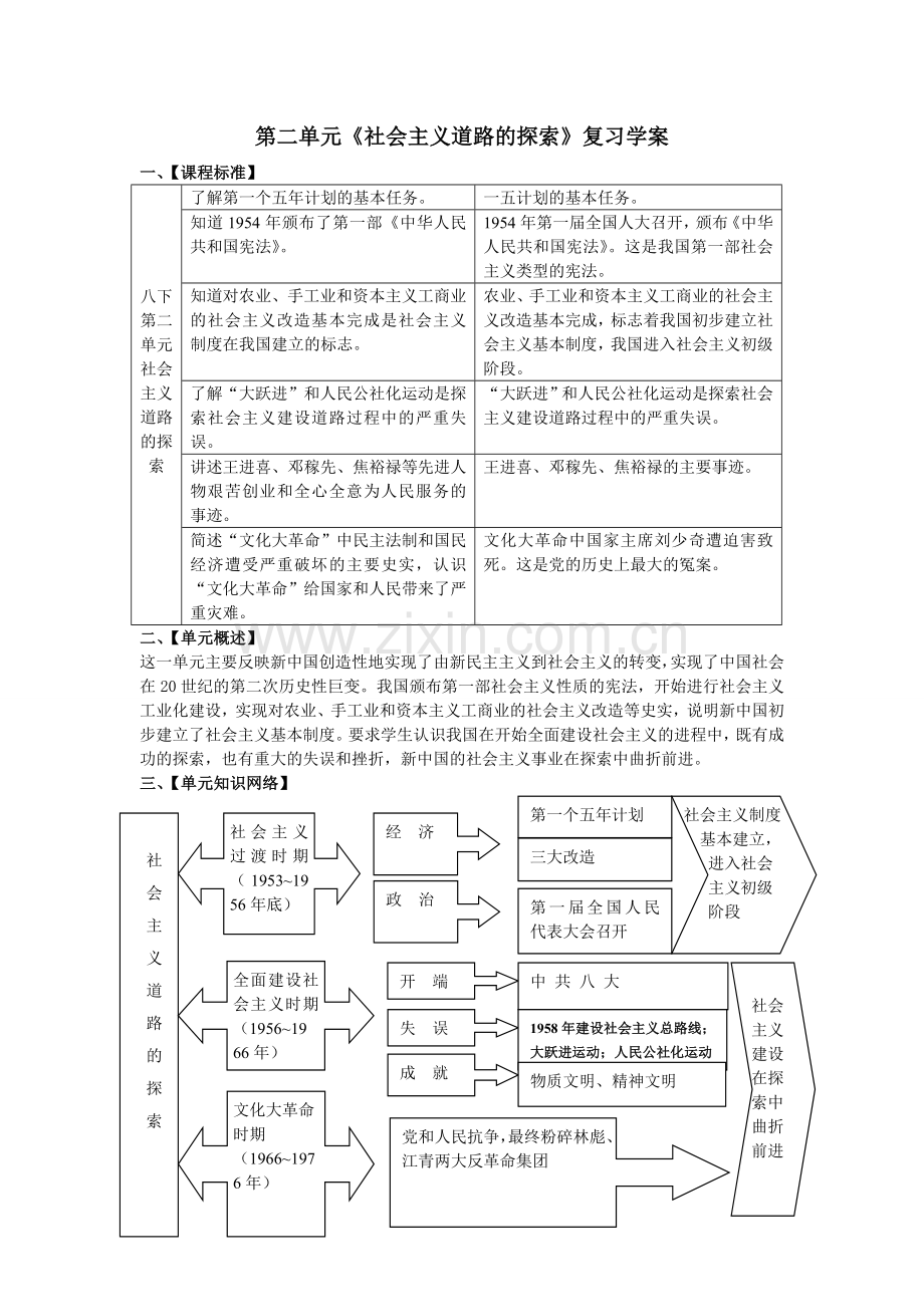 第二单元《社会主义道路的探索》复习学案.doc_第1页