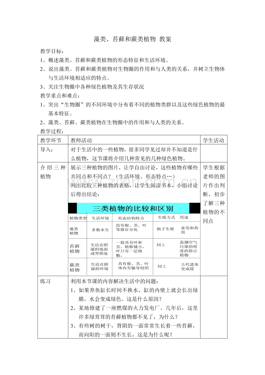 藻类、苔藓和蕨类植物教案.doc_第1页