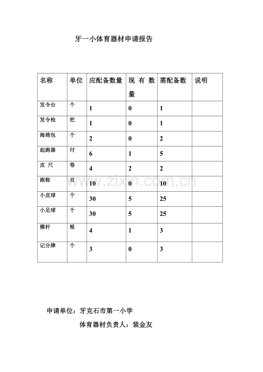 牙一小体育室器材申请报告.doc_第1页