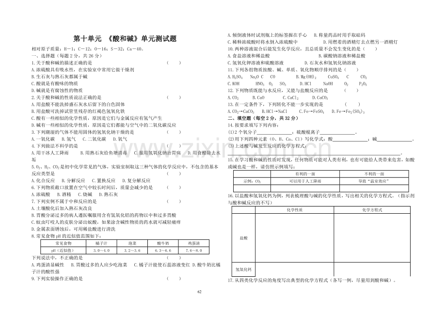 第十单元《酸和碱》单元测试题.doc_第1页