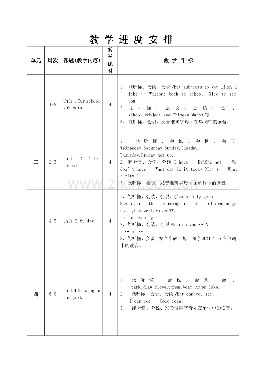 四年级下册英语进度安排.doc_第1页