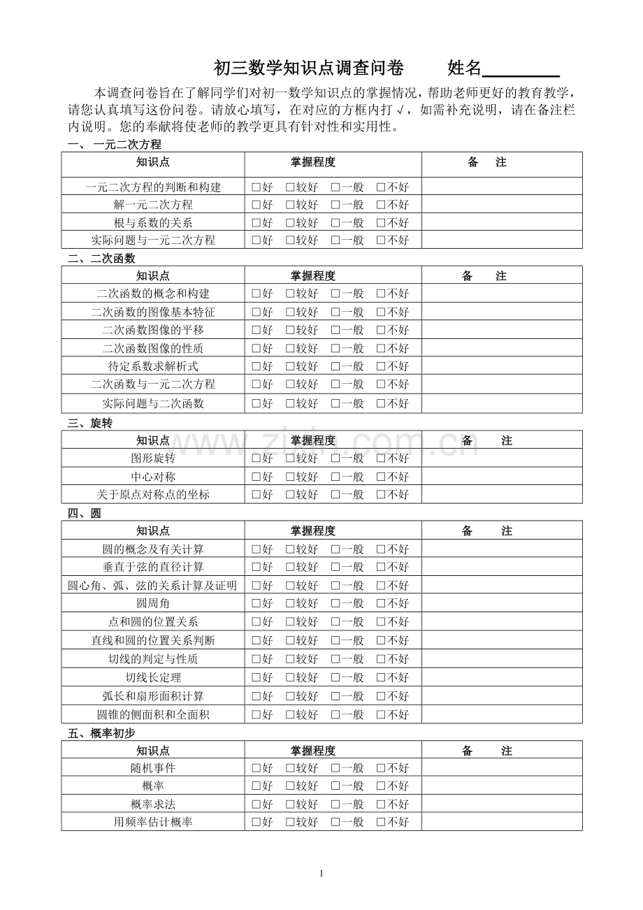 数学知识点调查表.doc_第1页