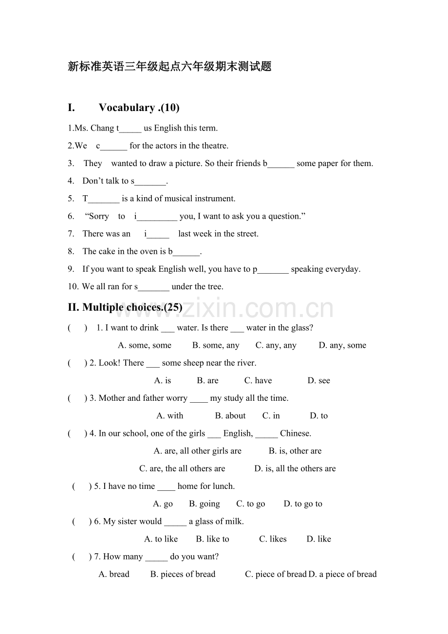 新标准英语三年级起点六年级期末测试题.doc_第1页