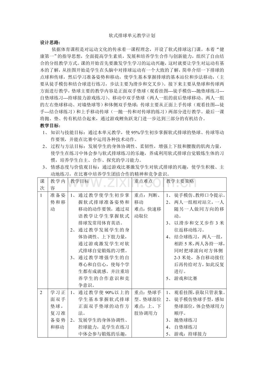 软式排球单元教学计划.doc_第1页