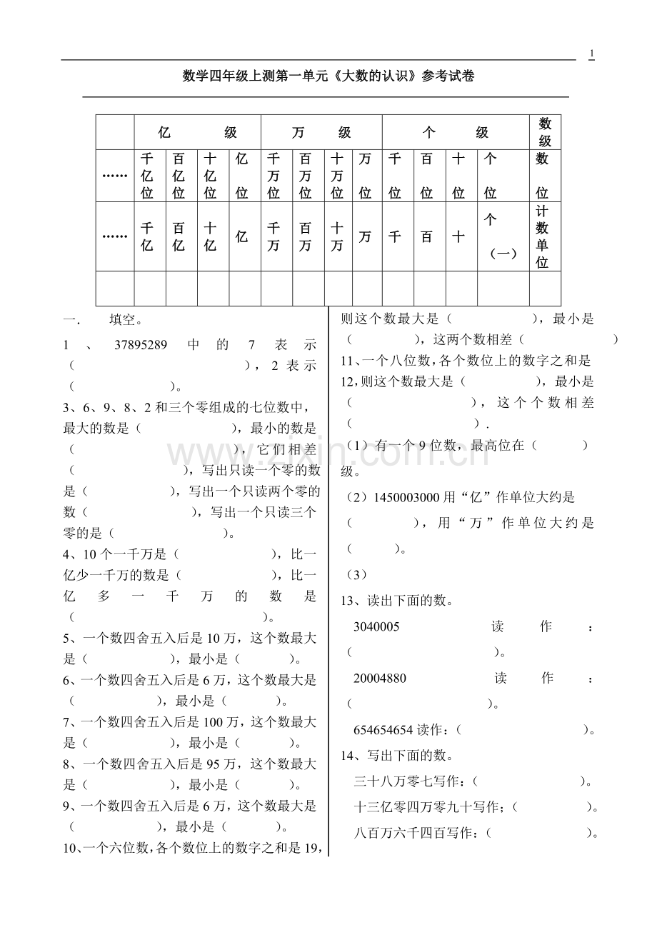 第一单元大数的认识试卷.doc_第1页