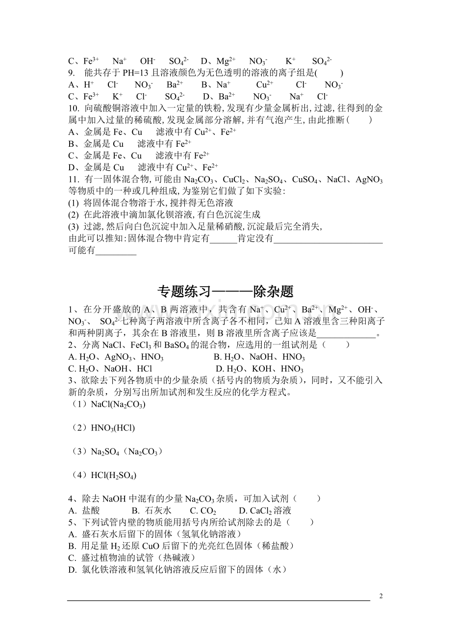 九年级化学中考复习共存除杂专项习题-副本.doc_第2页