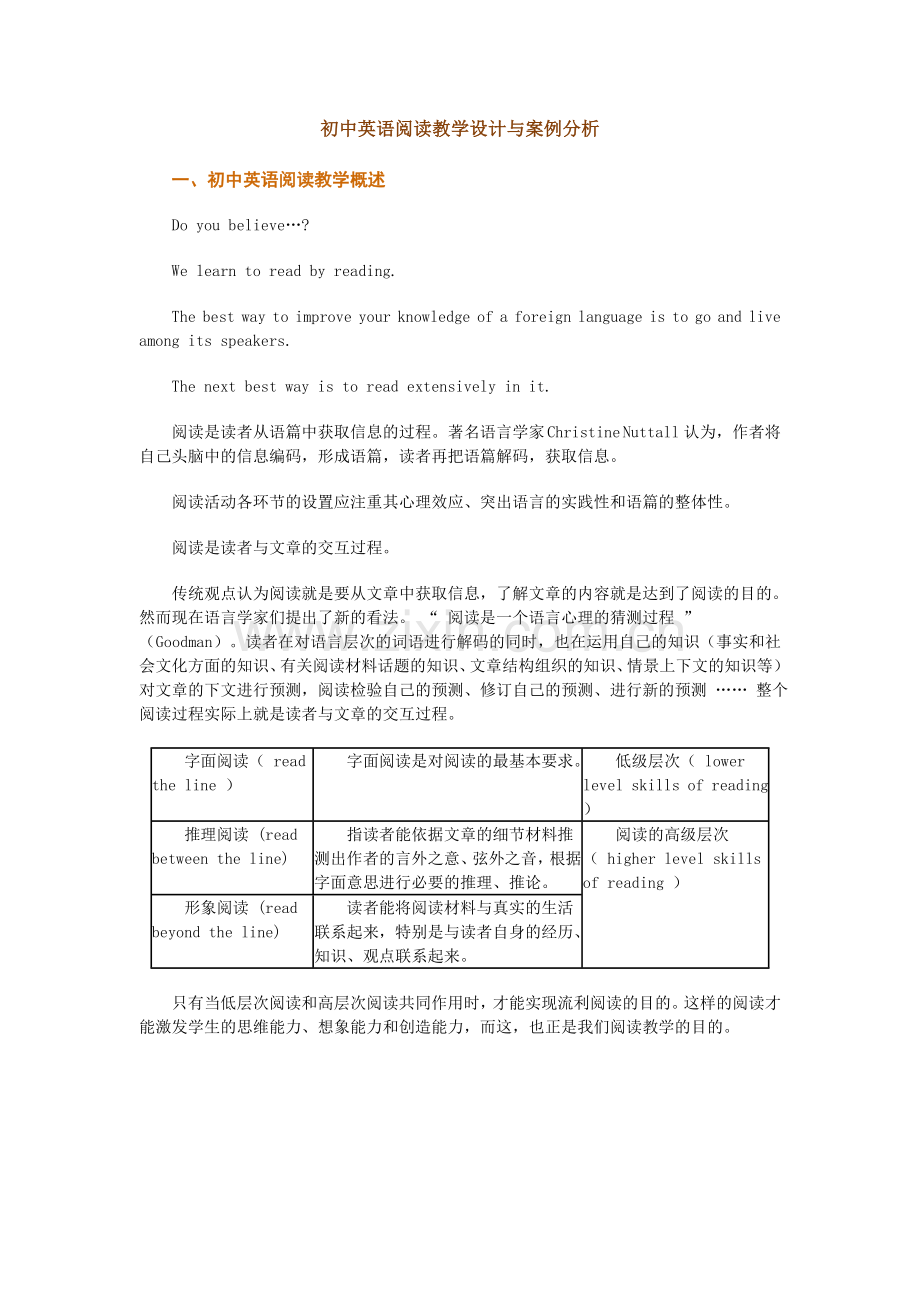 初中英语阅读教学设计与案例分析__继续教育.doc_第1页