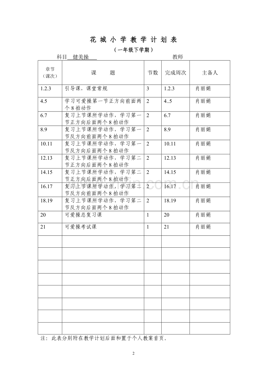 花城小学一年级下学期健美操教学计划.doc_第2页