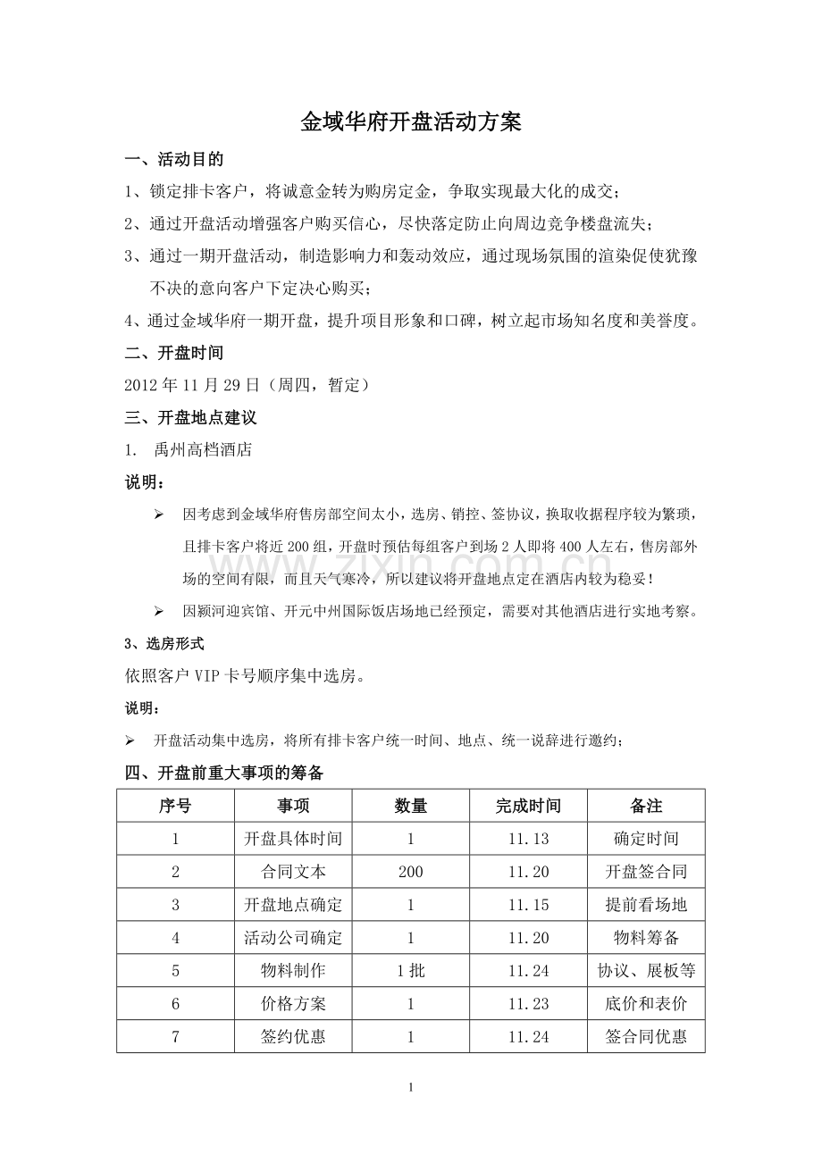 20121113金域华府开盘活动方案.doc_第1页