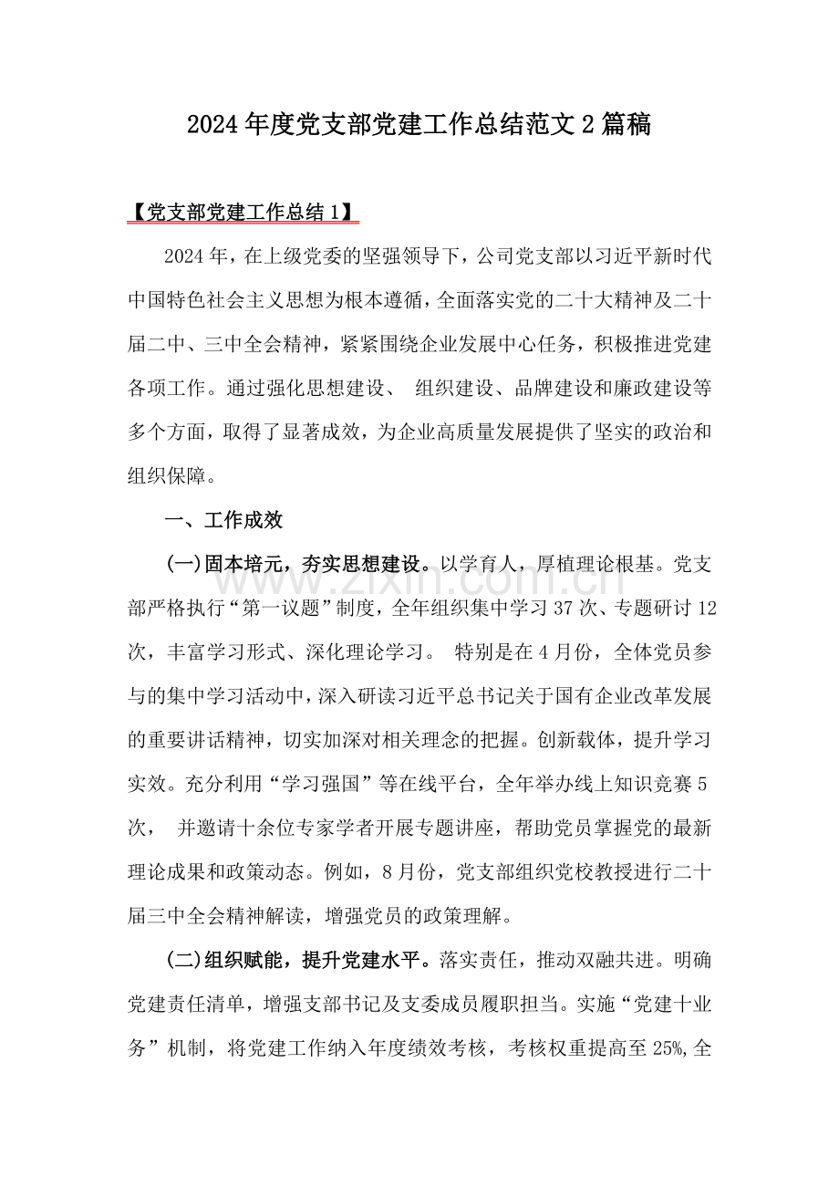 2024年度党支部党建工作总结范文2篇稿.docx_第1页