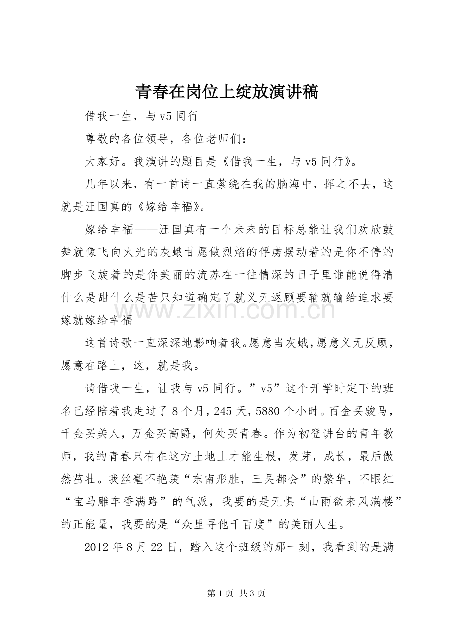 青春在岗位上绽放演讲.docx_第1页