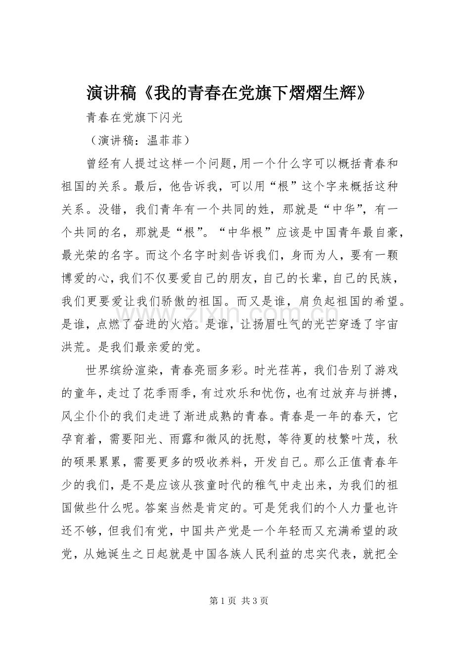 演讲致辞《我的青春在党旗下熠熠生辉》.docx_第1页