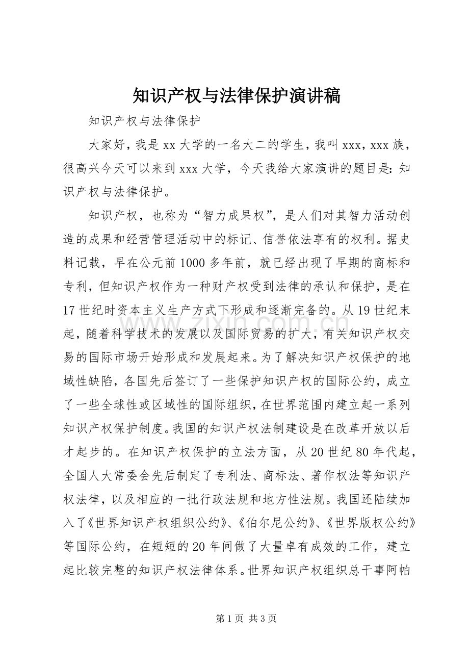 知识产权与法律保护演讲稿范文.docx_第1页