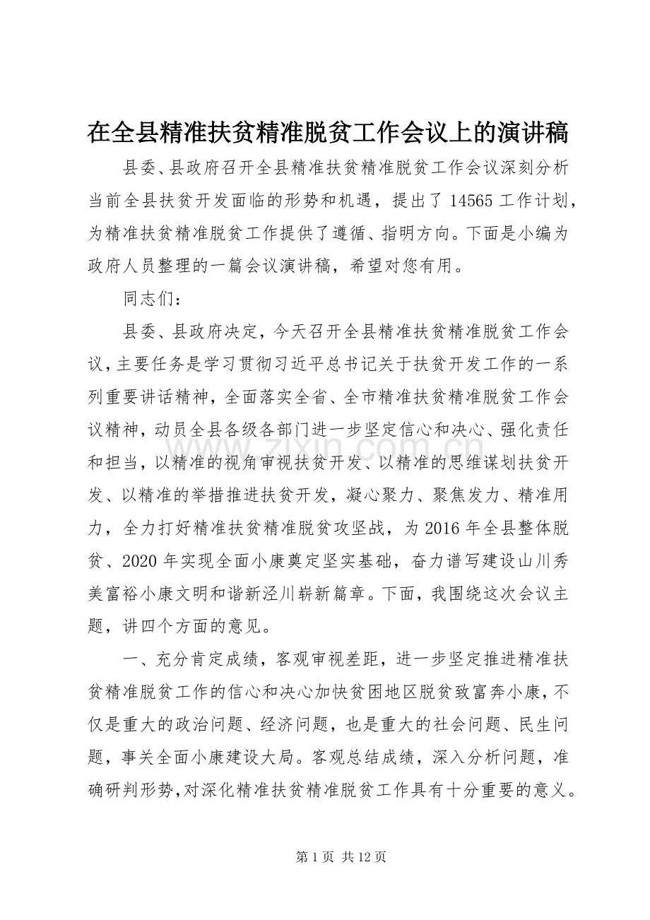 在全县精准扶贫精准脱贫工作会议上的演讲稿范文.docx_第1页