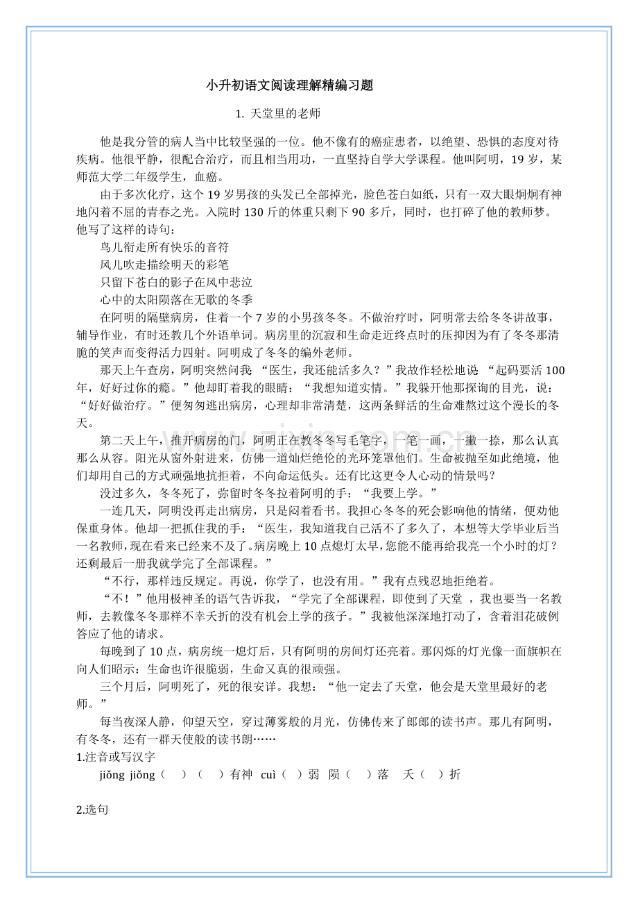 小升初语文阅读理解精编习题12套.docx_第1页