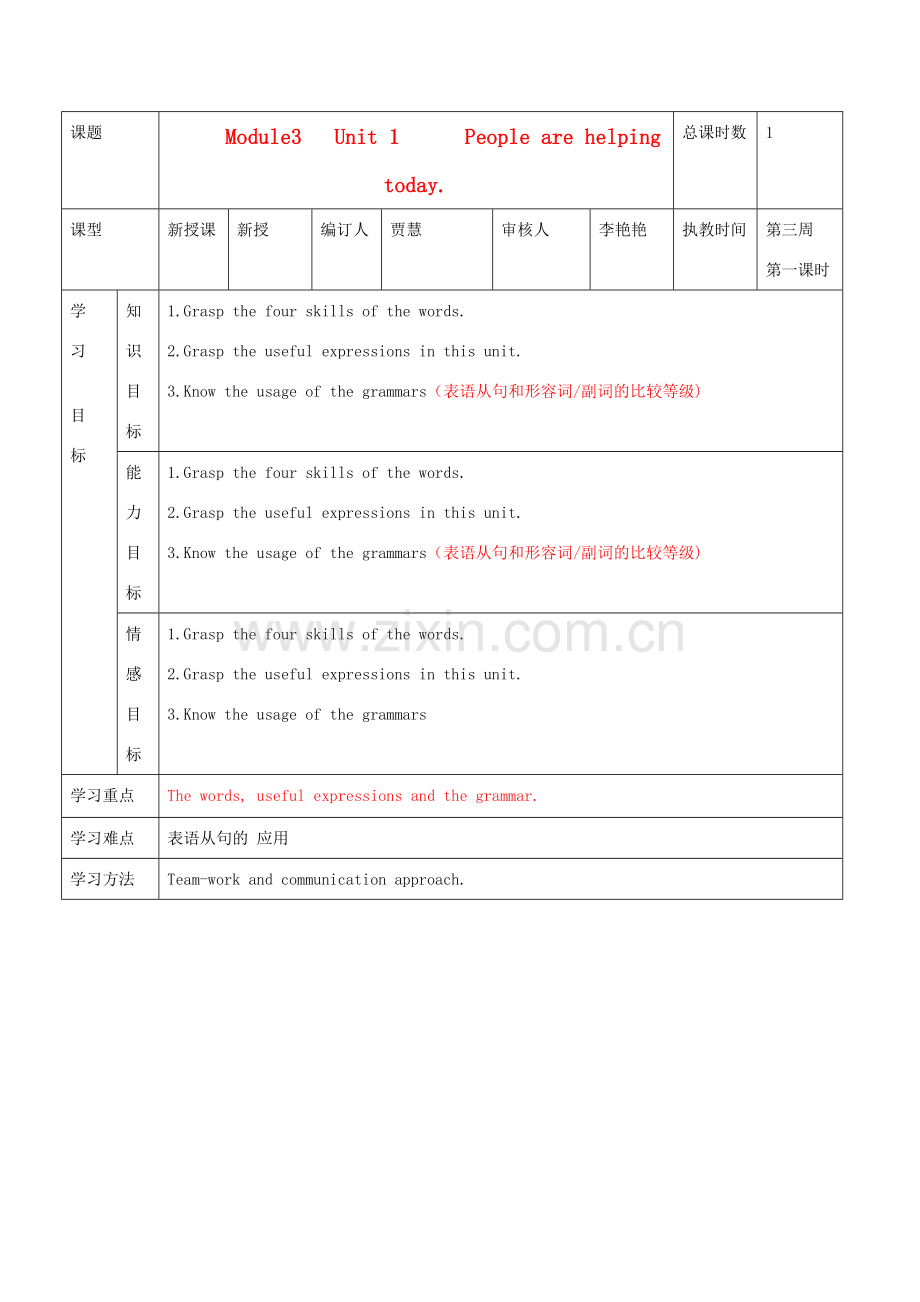 九年级英语 module3 Unit 1People are helping today教案 外研版.doc_第1页
