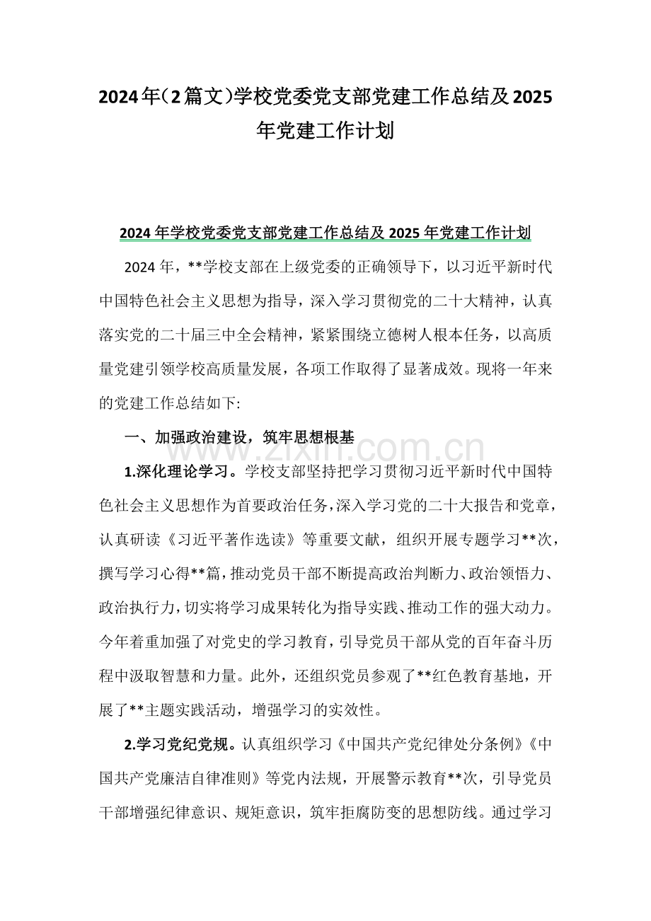 2024年（2篇文）学校党委党支部党建工作总结及2025年党建工作计划.docx_第1页