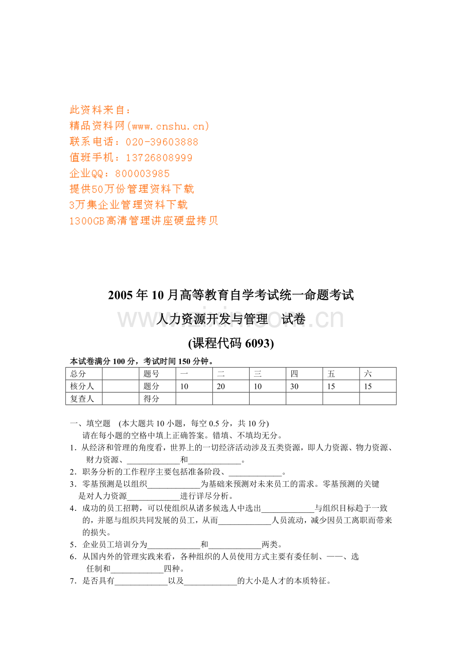 人力资源开发与管理考试试卷.doc_第1页