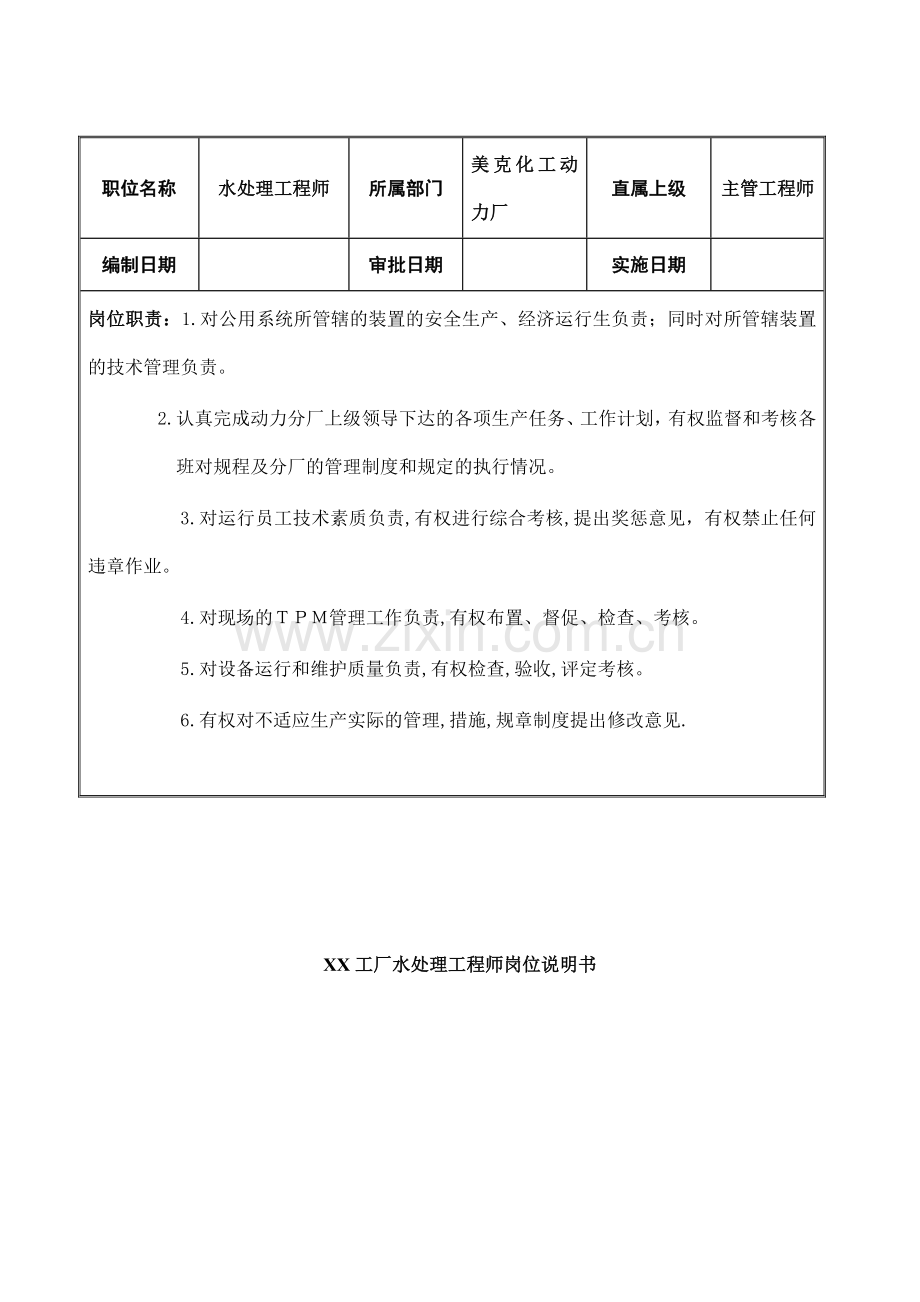 XX工厂水处理工程师岗位说明书.docx_第1页