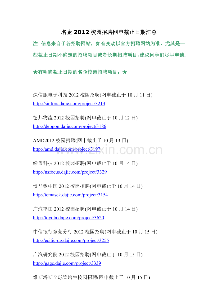 XXXX知名企业校园招聘网上申请截止日期汇总.docx_第1页