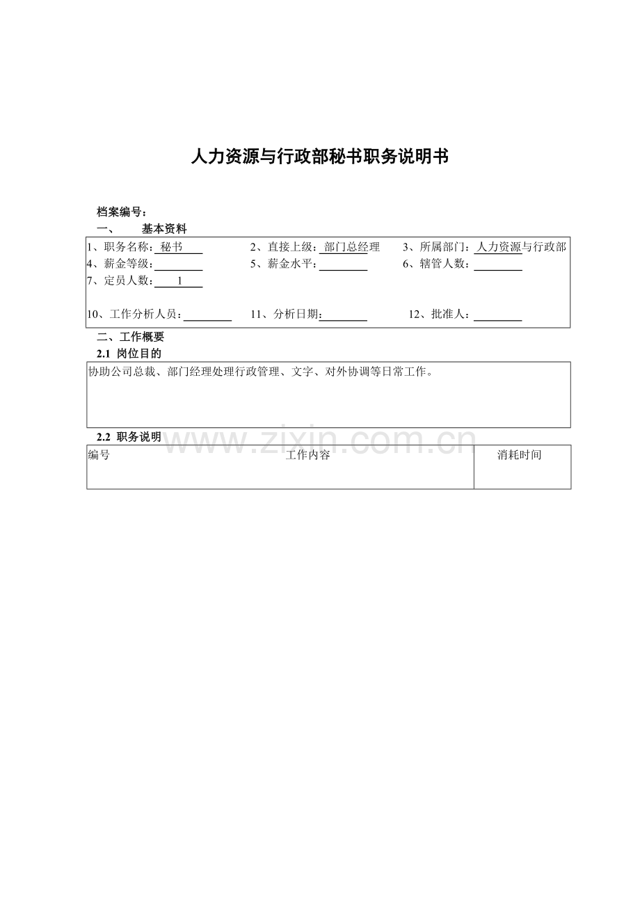 人力资源与行政部秘书岗位职责.docx_第1页