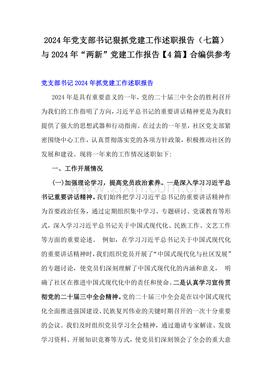 2024年党支部书记狠抓党建工作述职报告（七篇）与2024年“两新”党建工作报告【4篇】合编供参考.docx_第1页