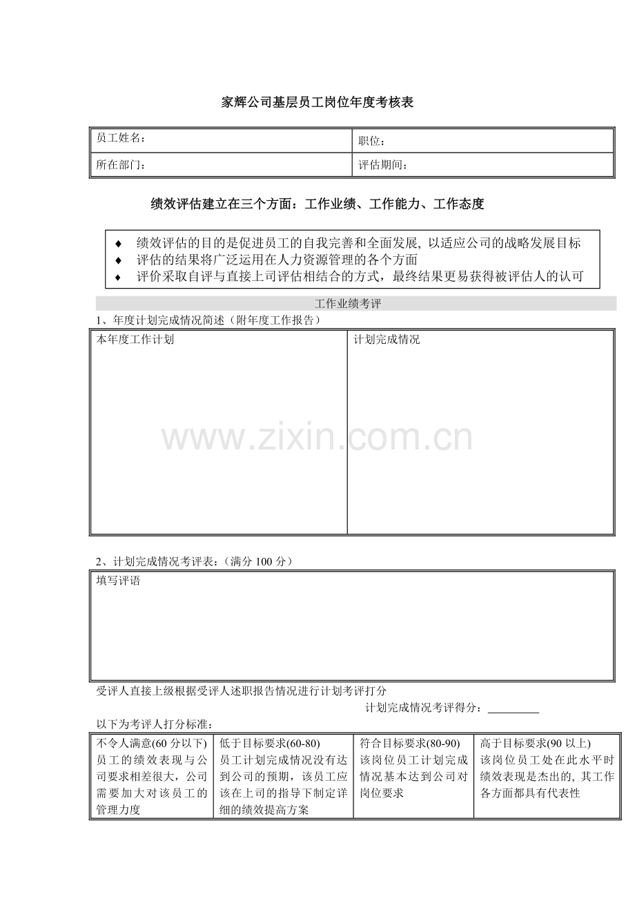 家辉公司基层员工岗位年度考核表.docx_第1页