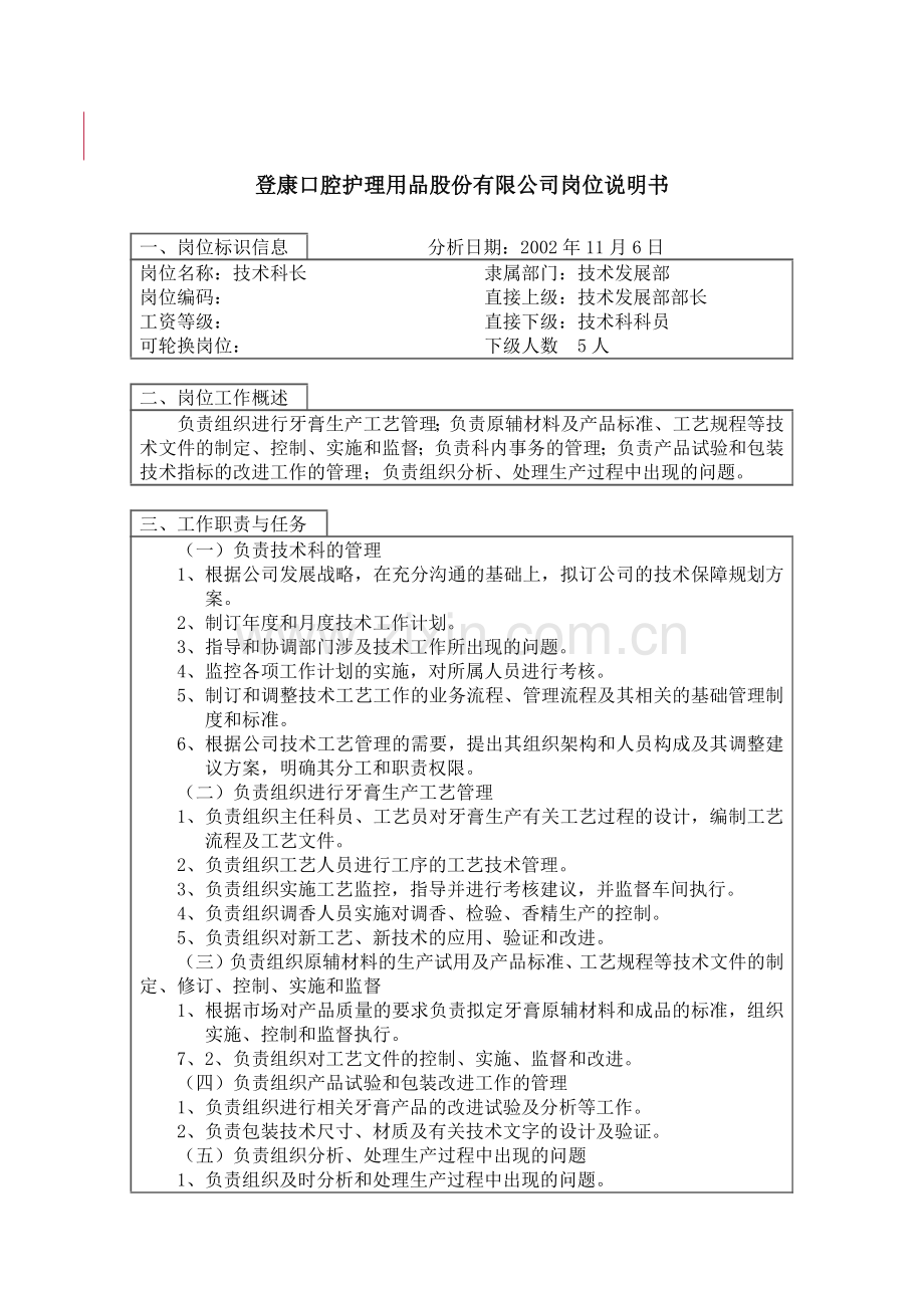 登康口腔护理用品股份有限公司技术科科长岗位说明书.docx_第1页