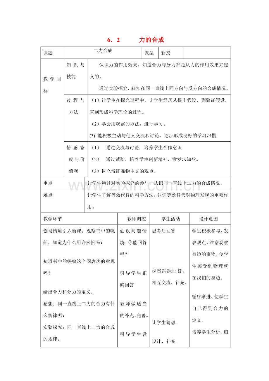 八年级物理下6.2力的合成教案.沪科版.doc_第1页