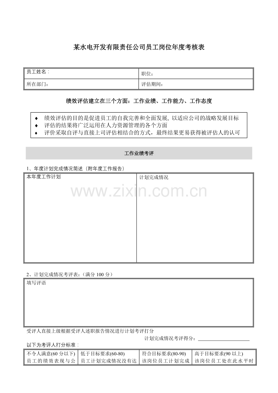 某水电开发有限责任公司员工岗位年度考核表..docx_第1页