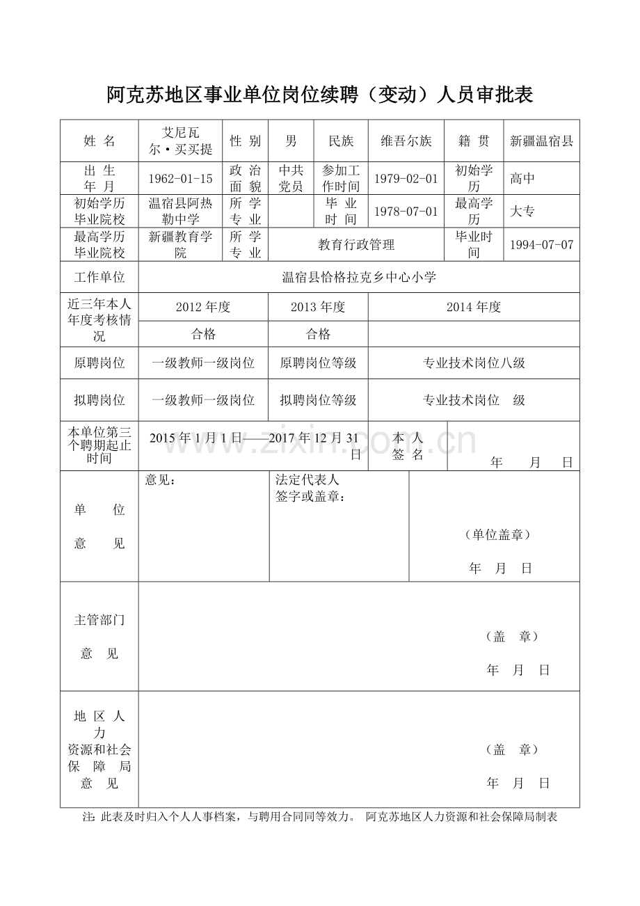 阿克苏地区事业单位岗位续聘(变动)人员审批表.docx_第2页