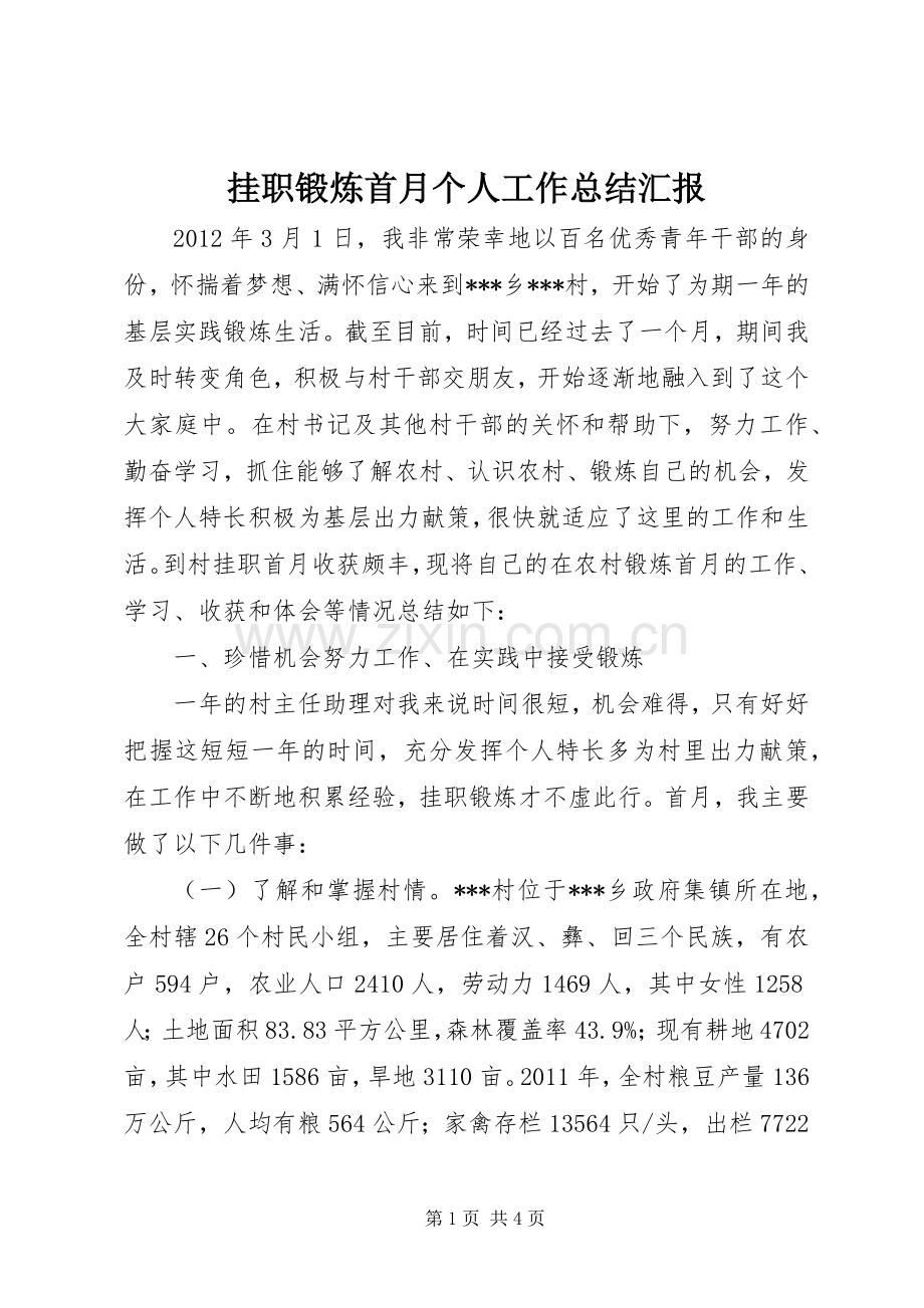 挂职锻炼首月个人工作总结汇报 .docx_第1页