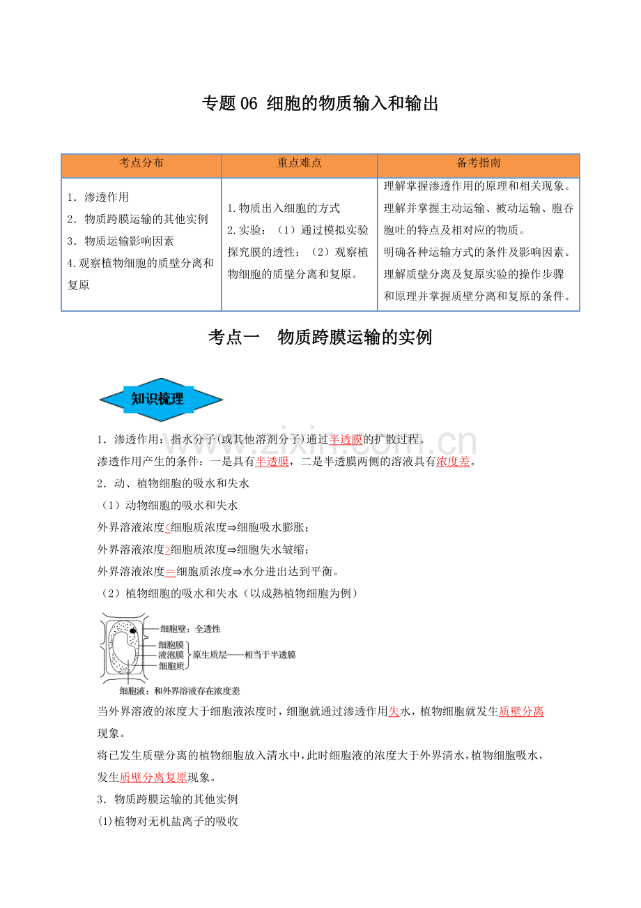 专题06-细胞的物质输入和输出(串讲)(新高考专用)(解析版).docx_第1页