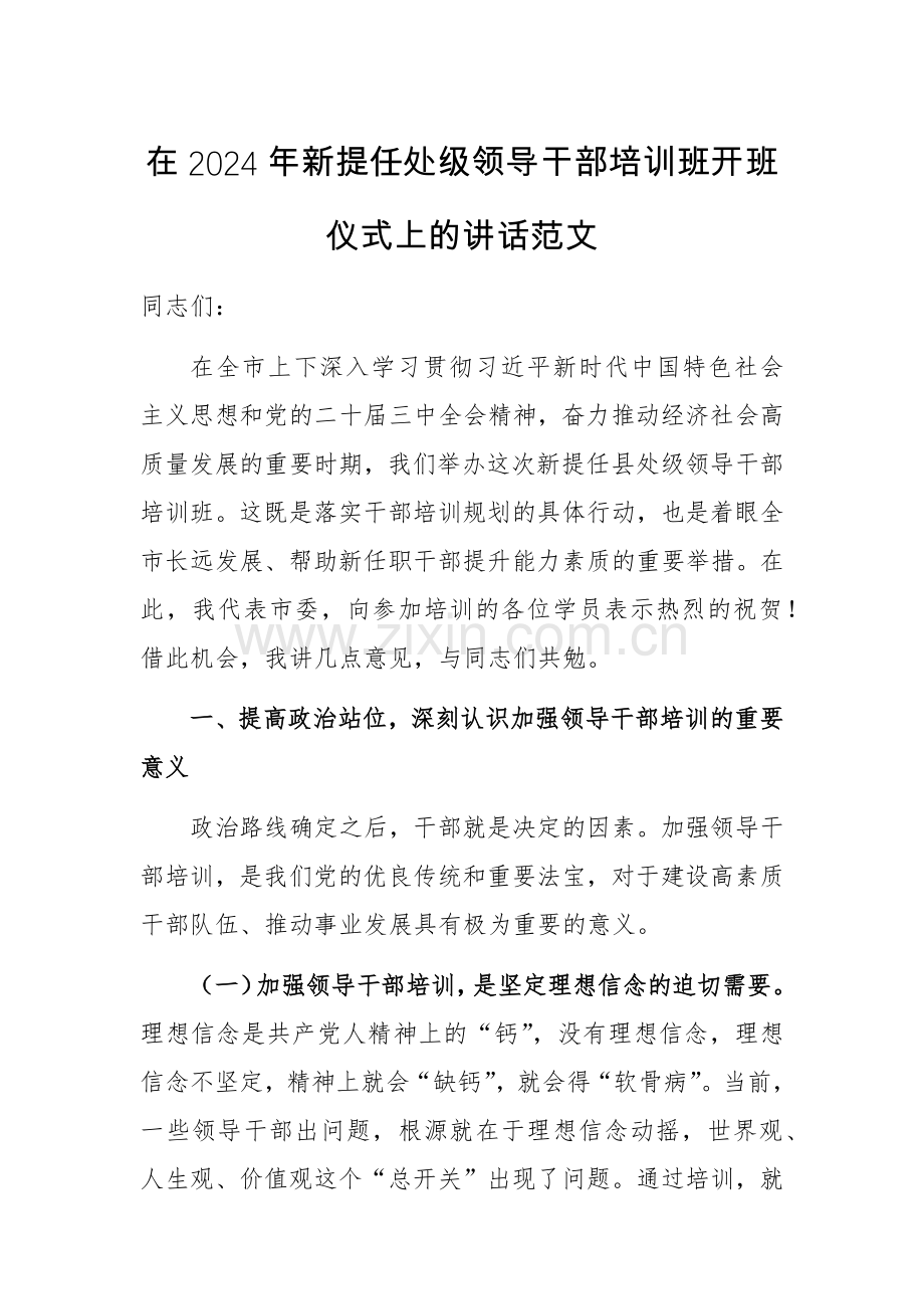 在2024年新提任处级领导干部培训班开班仪式上的讲话范文.docx_第1页