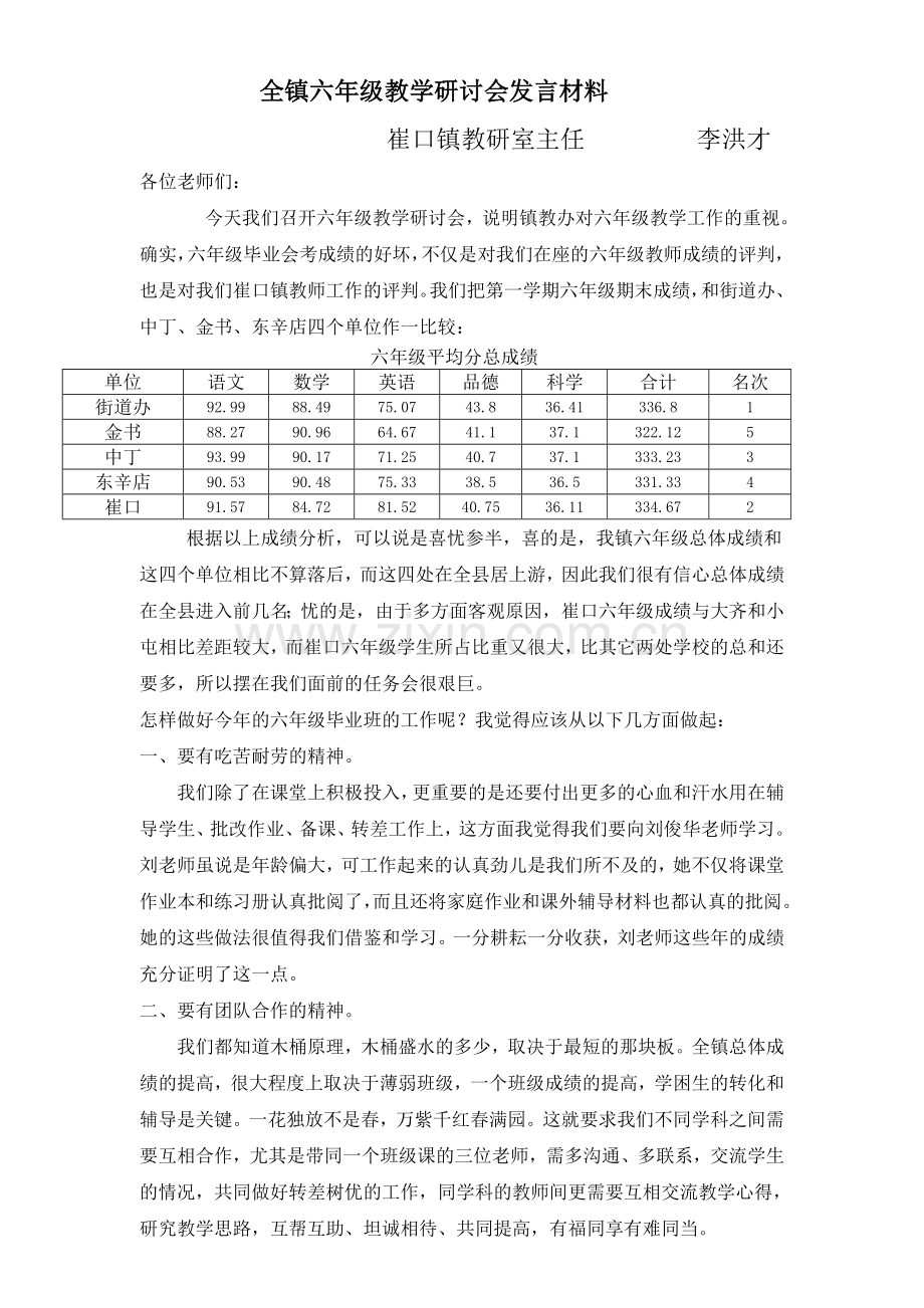 六年级教学研讨会发言材料.doc_第1页