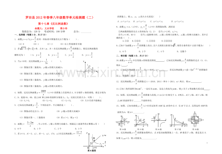 八年级数学下册-第十七章《反比例函数》单元测验题有答案.稿(新).doc_第1页