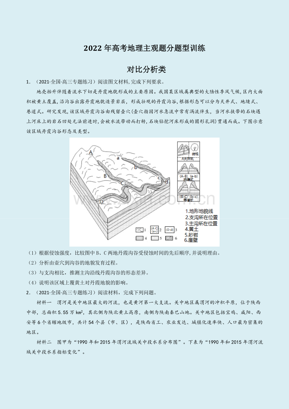 2022年高考地理主观题分题型训练05：对比分析类(原卷版).docx_第1页