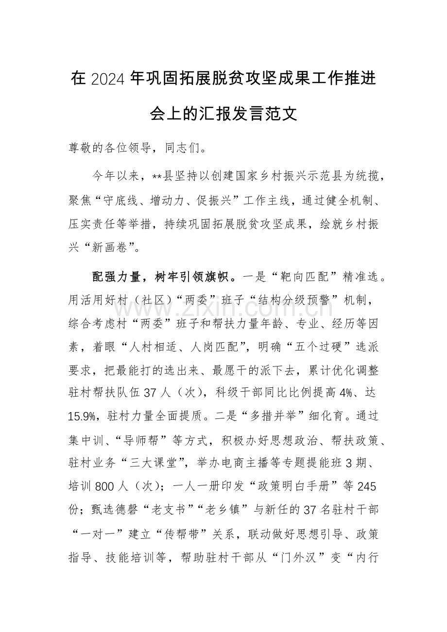 在2024年巩固拓展脱贫攻坚成果工作推进会上的汇报发言范文.docx_第1页