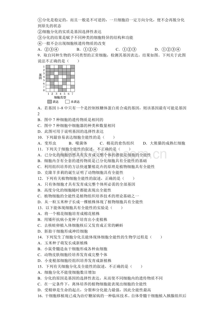 4-2细胞通过分化产生不同类型的细胞--配套练习.docx_第2页