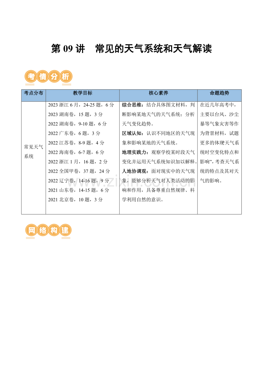 第09讲--常见的天气系统和天气解读(讲义)(新教材新高考)(原卷版).docx_第1页