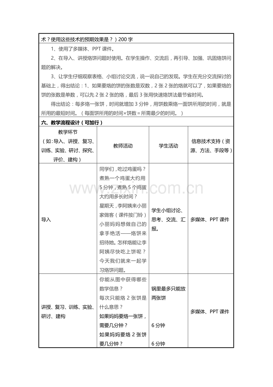 小学人教四年级数学王彩弘烙饼问题信息化教学设计模板.doc_第2页