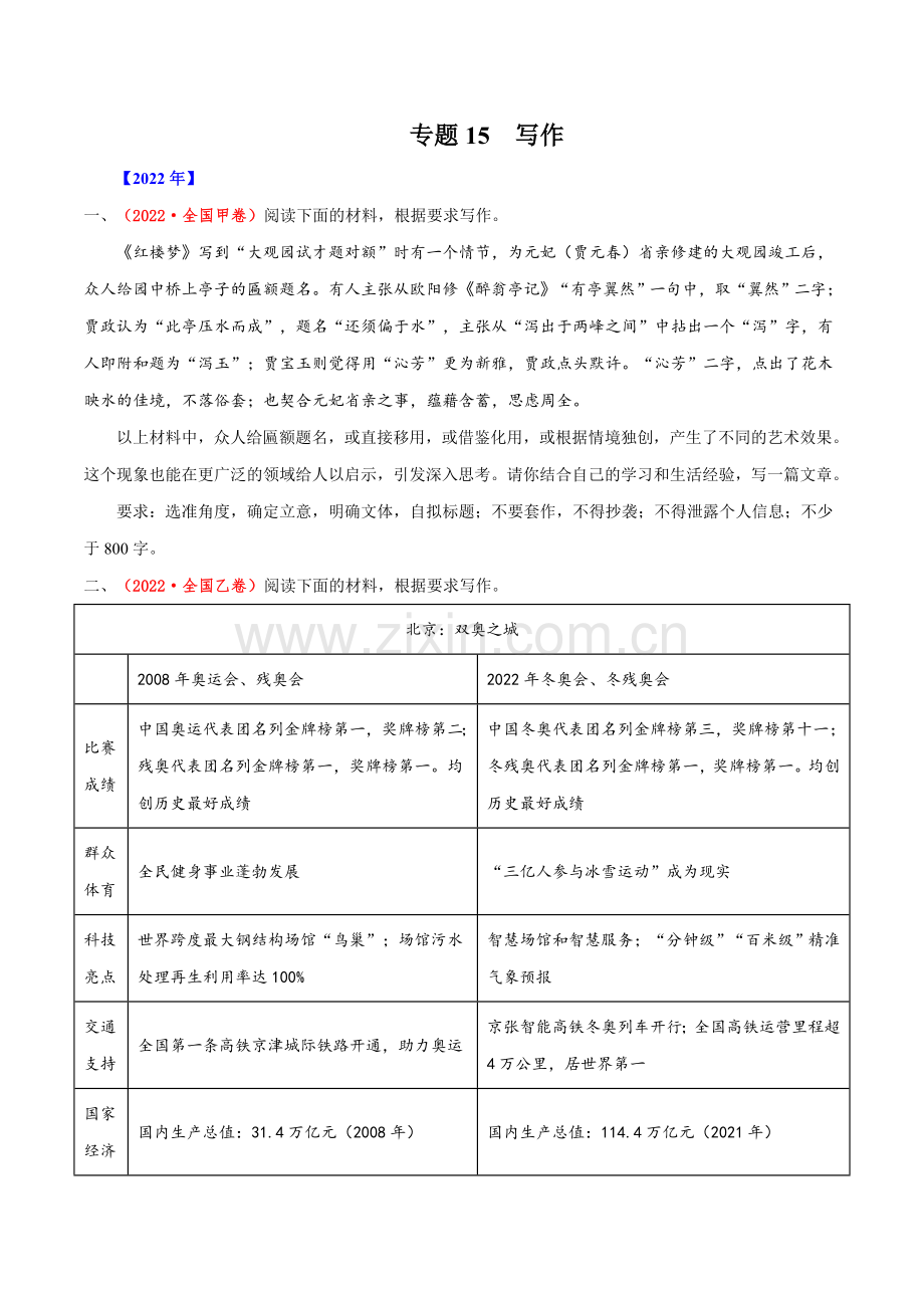 专题15-写作-十年(2013-2022)高考语文真题分项汇编(全国通用)-原卷版.docx_第1页