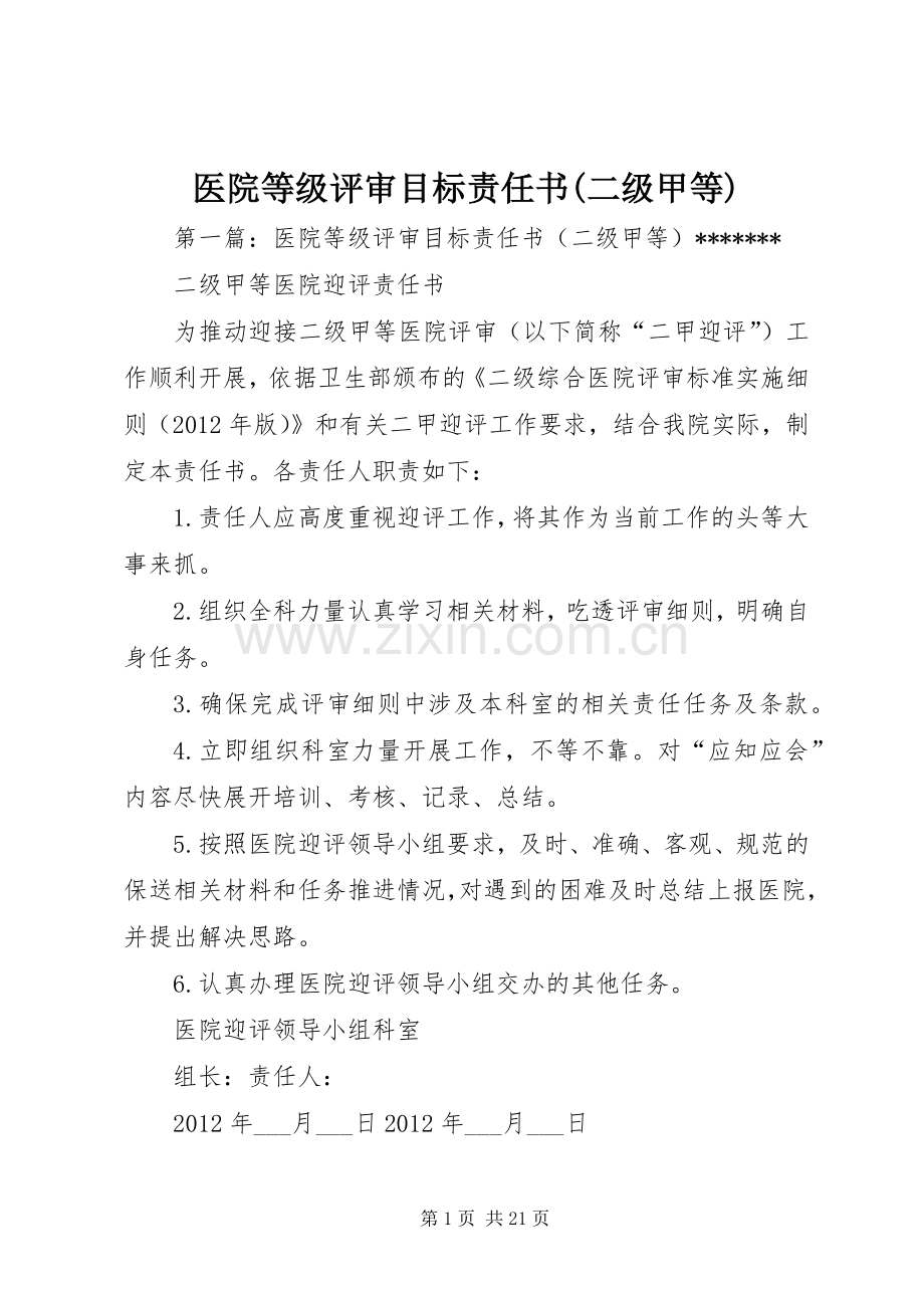 医院等级评审目标责任书(二级甲等)_1.docx_第1页