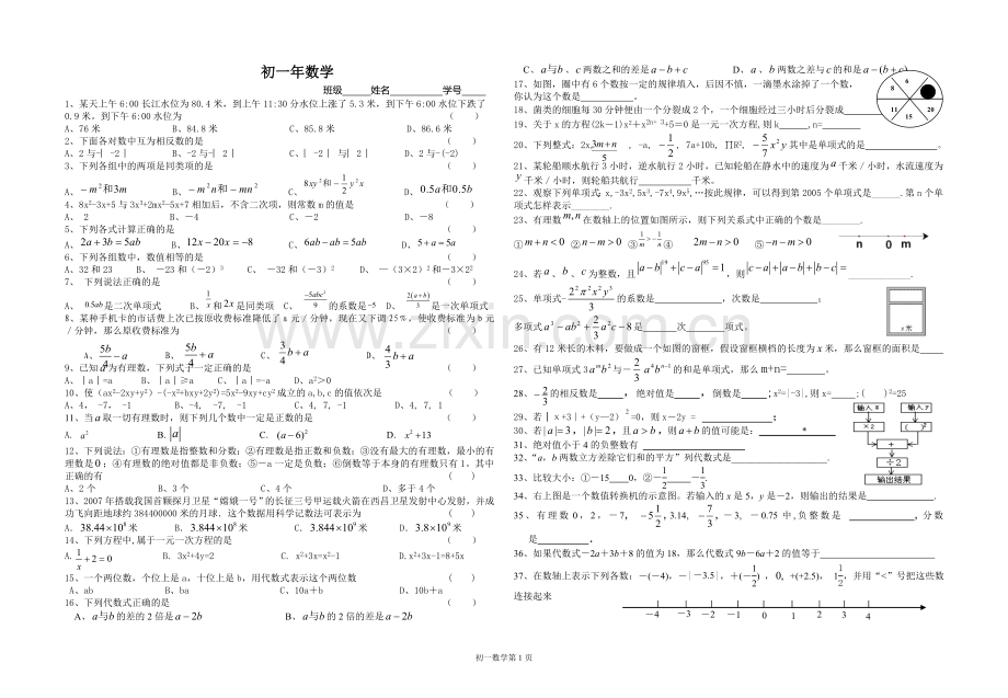初一数学周练试卷八.doc_第1页