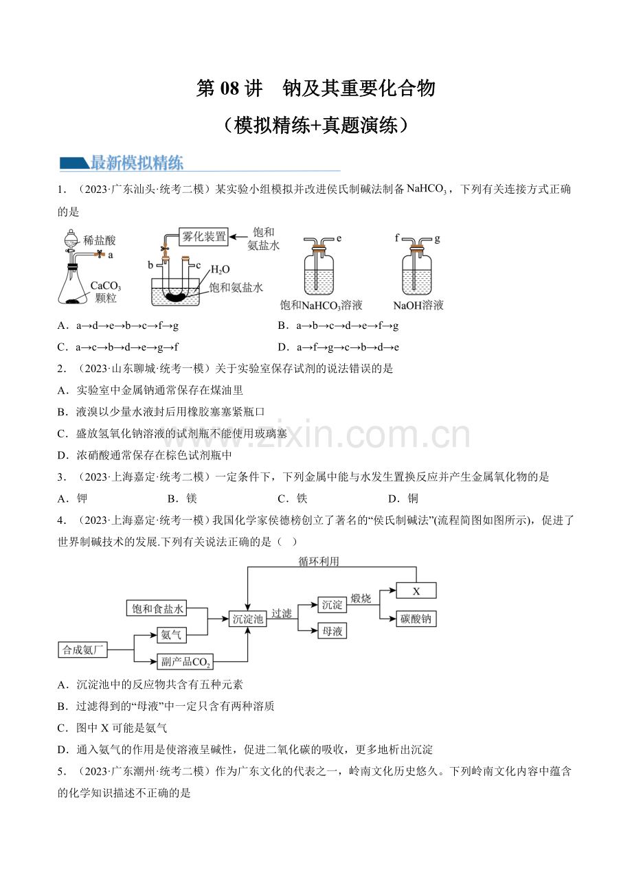 第08讲-钠及其重要化合物(练习)(新教材新高考)(原卷版).docx_第1页