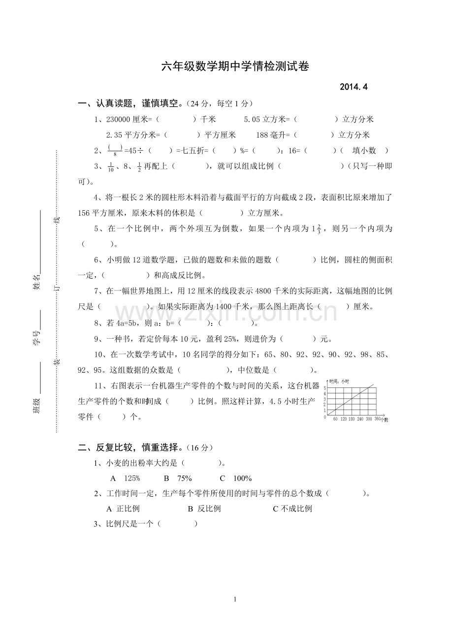 六年级数学期中自测试卷.doc_第1页