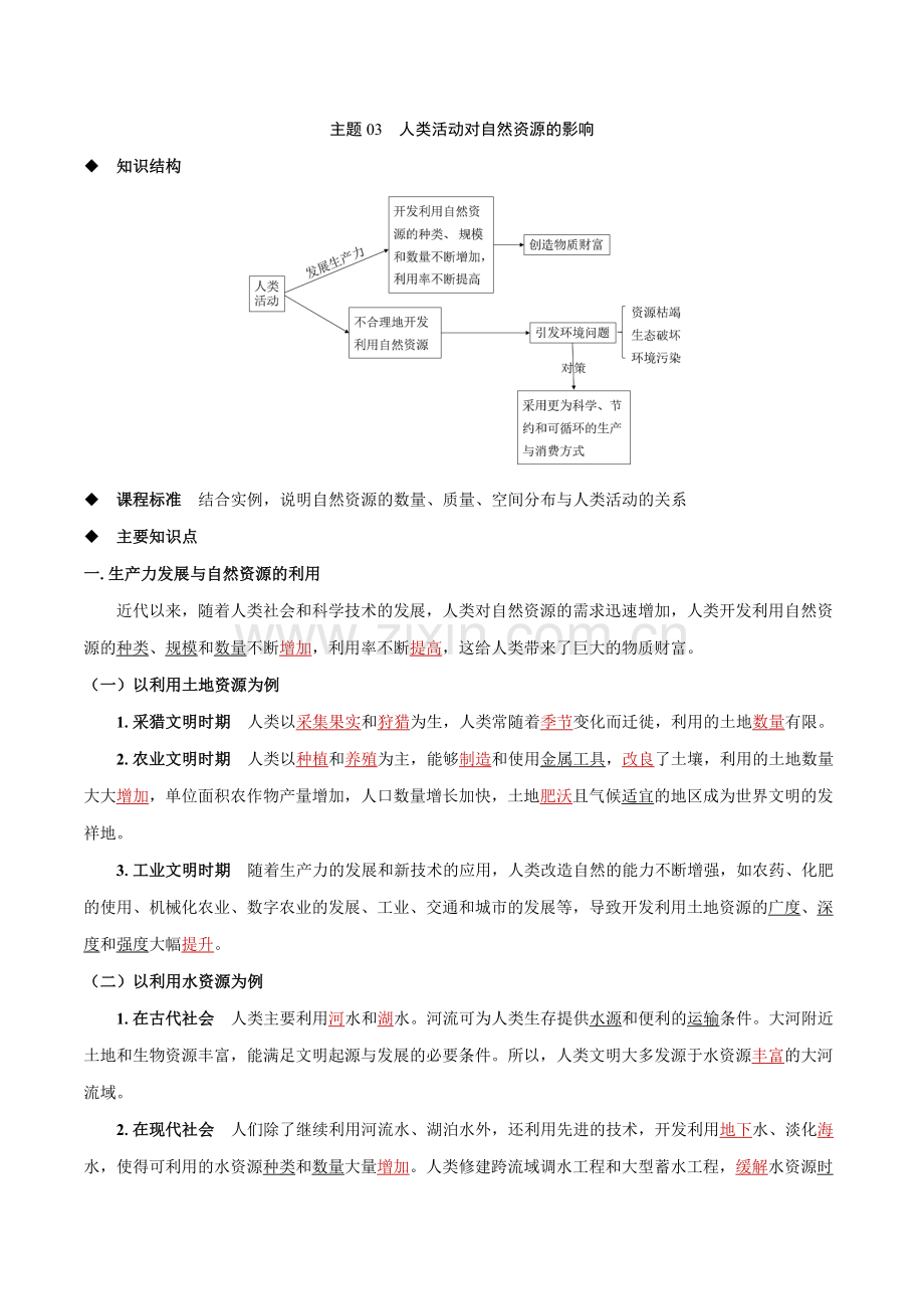 主题03--人类活动对自然资源的影响(答案版)(中图中华地图版选择性必修3).docx_第1页