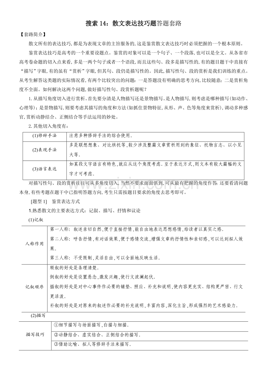 搜索14：散文表达技巧题答题套路-2023年高考语文备考答题套路全搜索.docx_第1页