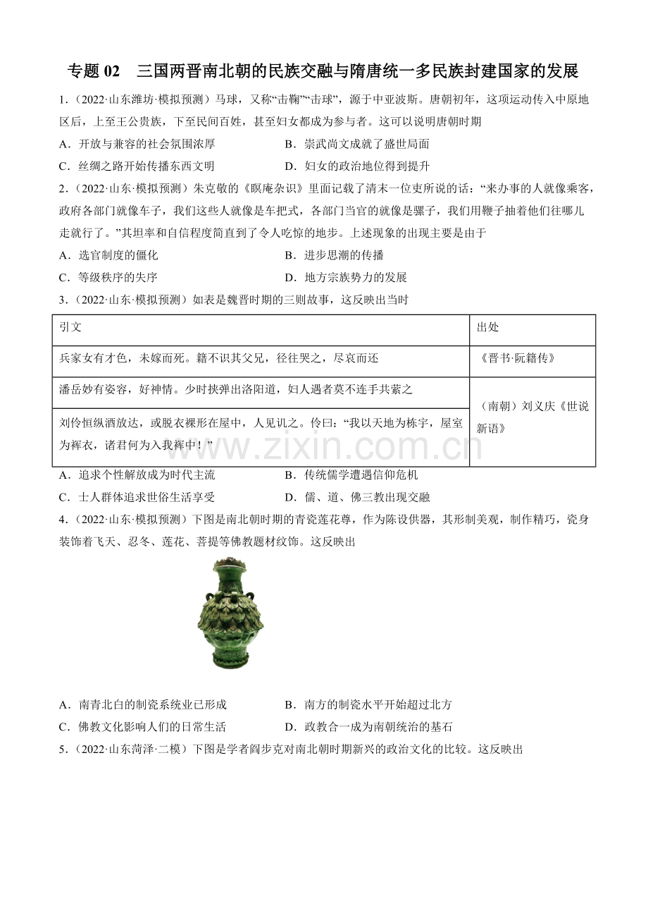 专题02-三国两晋南北朝的民族交融与隋唐统一多民族封建国家的发展(中外历史纲要上).docx_第1页